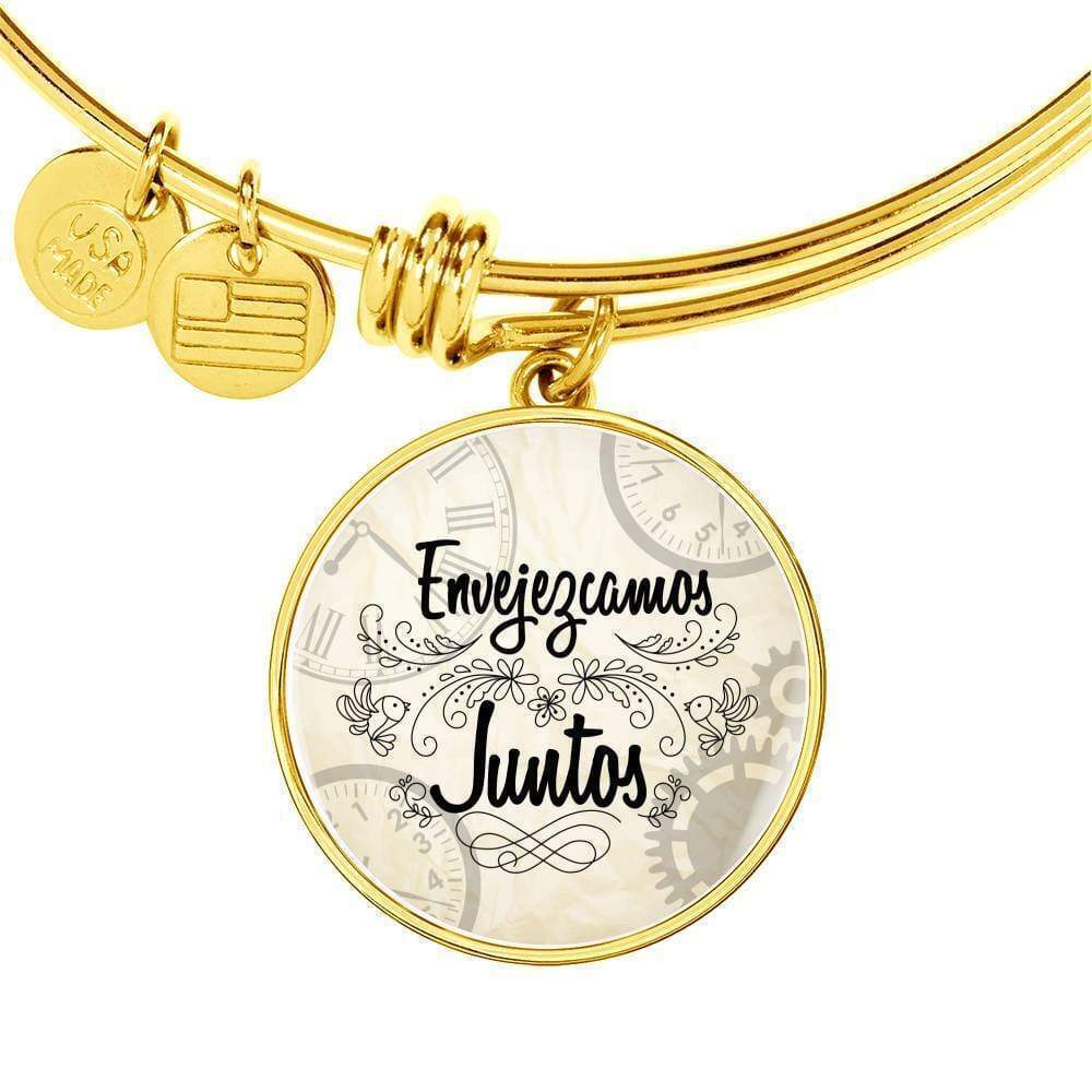 Envejezcamos Juntos Personalized Engraved Gold Circle Bangle Bracelet Custom